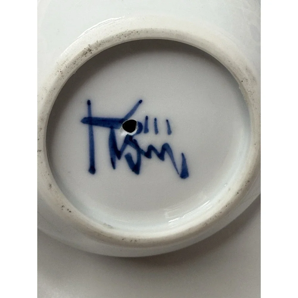 Vintage Signed Studio Pottery Floral Bud Vase Round White Blue Purple 4.5